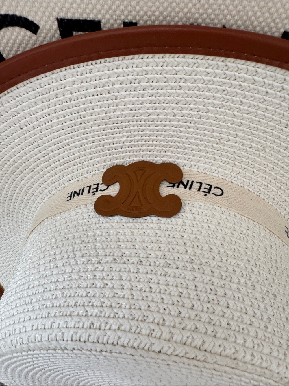 Celine Straw Hat with Tan  Trim and Logo - Picture 5 of 12
